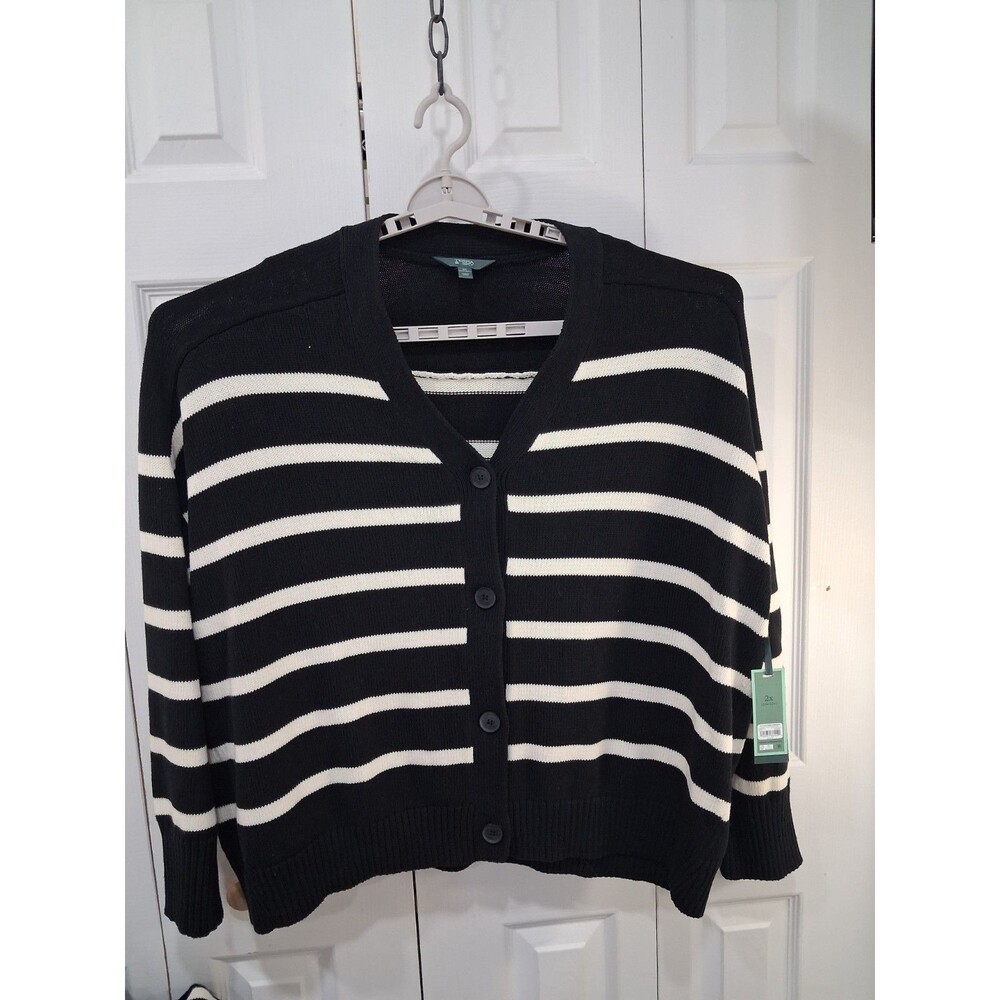 NEW Black & White Wide Stripe Boyfriend Cardigan Neutral Casual Cottagecore 1X